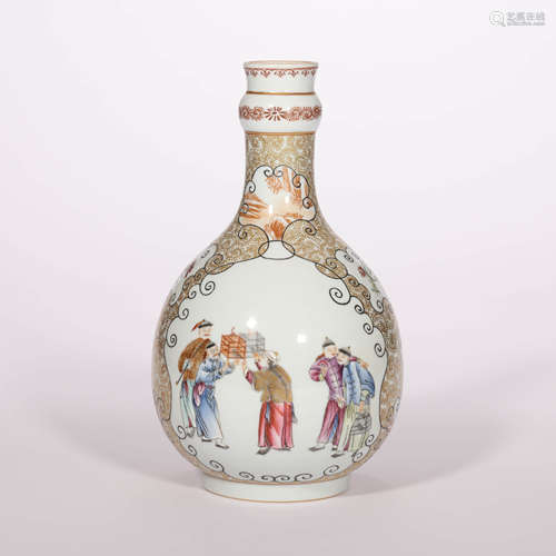 A Famille Rose Gilt-inlaid Figures Porcelain Garlic-head Bot...