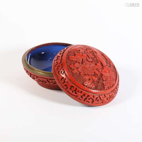 A Bronze Inlaid Floral Carved Red Lacquerwork Box with Cover