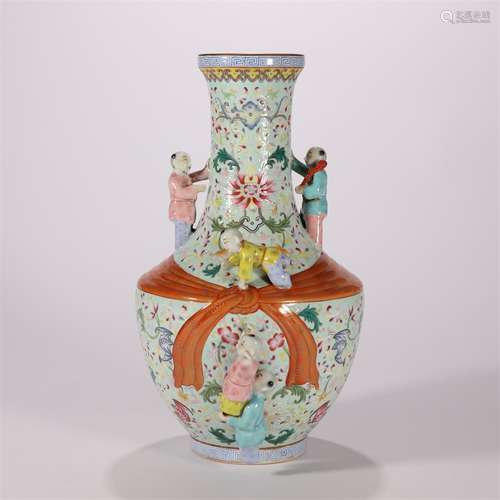 A Famille Rose Children Pattern Floral Porcelain Vase