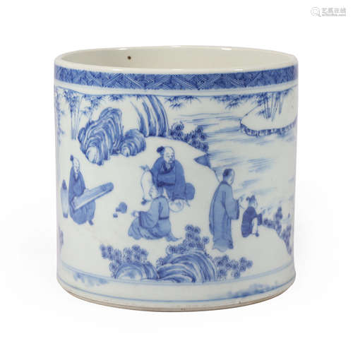 A Blue and White Landscape&Figures Porcelain Brush Pot