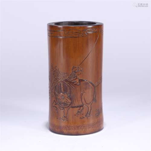 A Boy&Ox Carved Bamboo Brush Pot