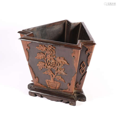 A Boxwood Inlaid Floral Red Sandalwood Brush Pot