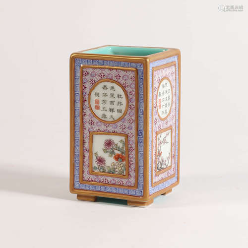 An Inscribed Gilt-inlaid Floral Porcelain Square Brush Pot