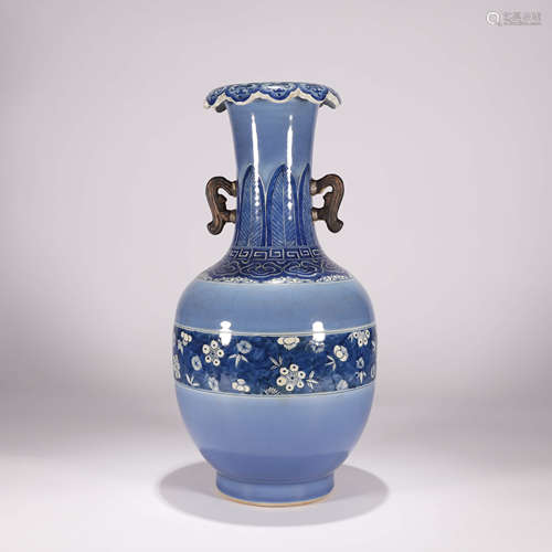 A Blue Glazed Blue&White Floral Porcelain Double Ear Vase