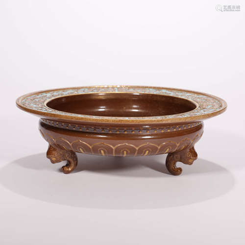 A Bronze Gilt-inlaid Dargon Porcelain Brush Washer with Thre...