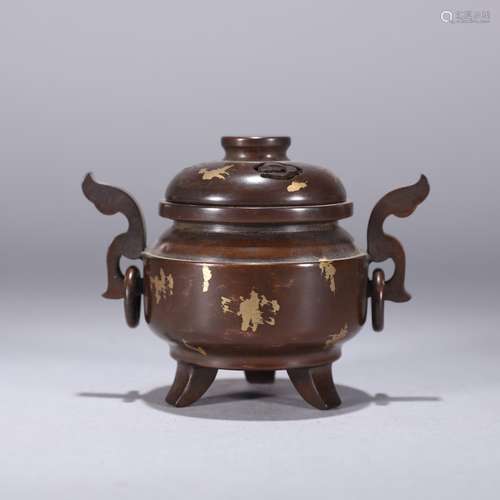 A Double Ears Versicolor Bronze Three-legged Incense Burner