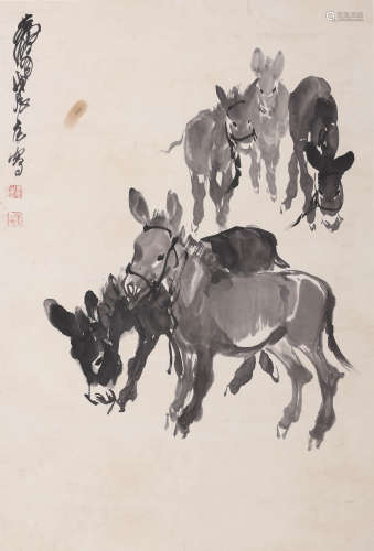 A Chinese Donkeys Painting, Huang Zhou Mark