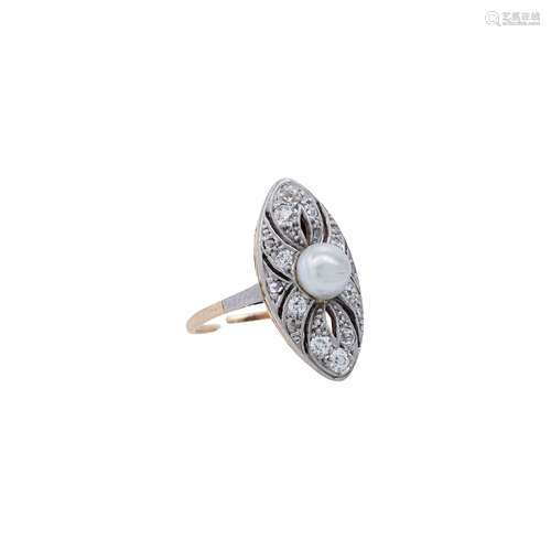 Schiffchenring mit Orientperle und Diamanten von zus. ca. 0,...