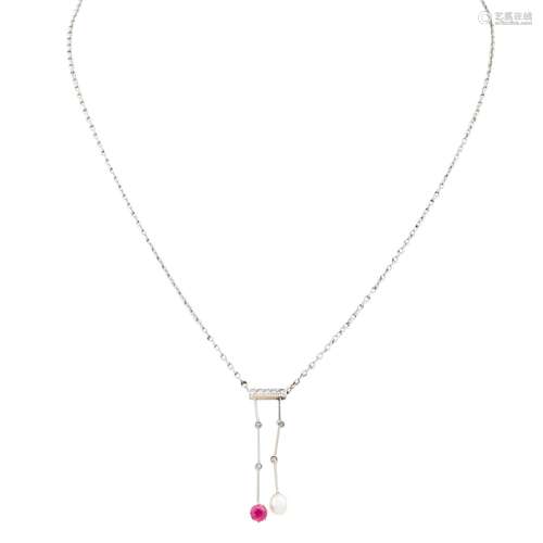 Jugendstil Collier mit Diamantrosen, Naturperle und