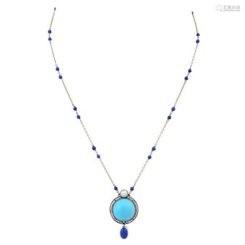 Collier mit Türkis, Lapislazuli, Halbperle und feinen Naturp...