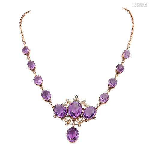 Historismus-Collier mit Amethysten und Saatperlen,