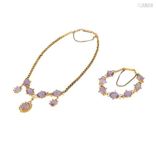 Set aus Collier und Armband mit Amethysten und Saatperlen,