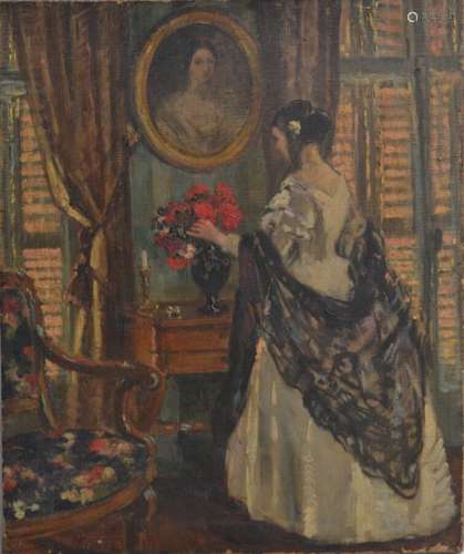 Suzanne MINIER (1884-?) Portrait de dame dans un intérieur a...