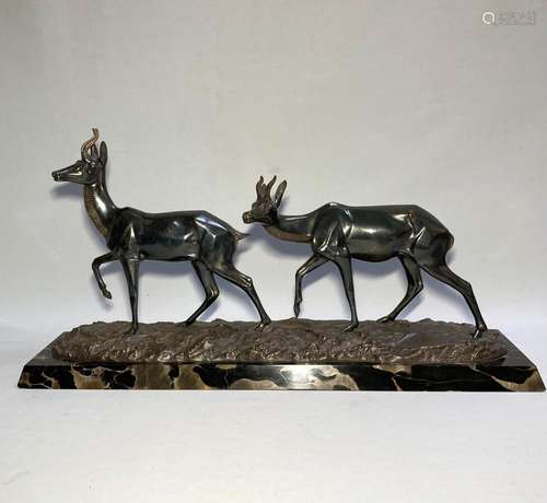 Irénée ROCHARD (1906-1984) Les deux gazelles Bronze patiné, ...