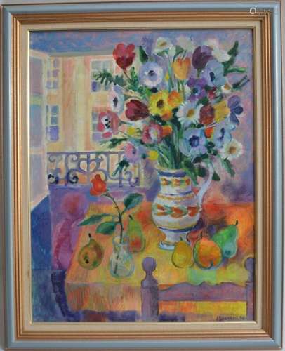 Jean BRUNEAU (1921-2001) Bouquet de fleurs devant la fenêtre...