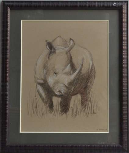 H. AYMER (XX-XXIème) Rhinocéros, 2004. Dessin rehaussé signé...