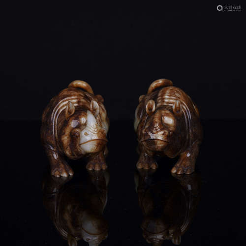 A Pair of Nephrite Rhinoceros figure