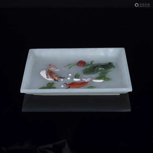 Nephrite Hardstone Inlaid Fish Square Dish