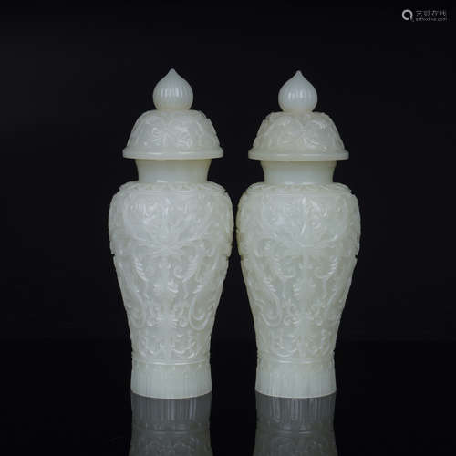 A Pair of Nephrite Flower Relief Jar