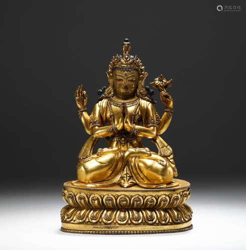 Ming Dynasty - A Gilt Bronze Four-Armed Guanyin