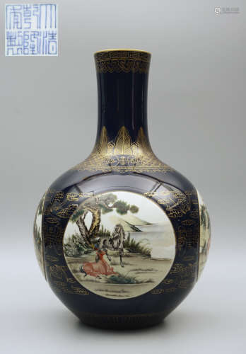 Qianlong Blue Glazed Gilt Horse Globular Vase