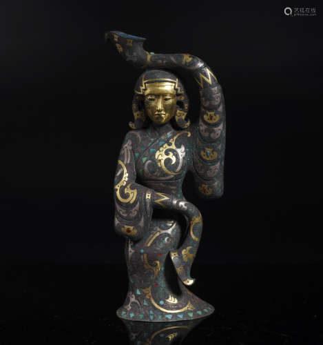 Bronze Gold and Hardstone Inlaid Figure