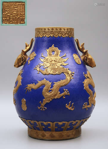 Qianlong Enamel Dragon Zun with Deer-Head Handles