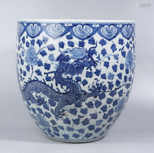 Blue and White Scrolling Lotus Jar