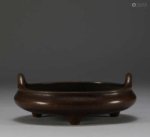 Qing Dynasty - Three-legged Double-Ear Bronze Stove