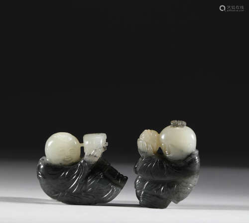 Qing Dynasty - A Pair of Boys with Hetian Jade Blue and Flow...