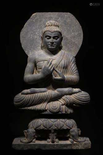 Gandhara-Grey Schist Seated Buddha Statue
