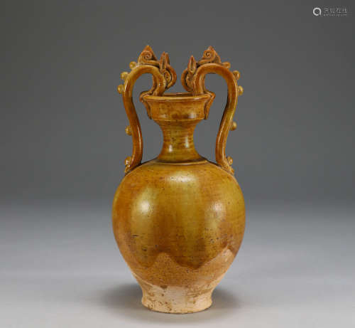 Tang Dynasty - Yellow Glazed Double Dragon Vase