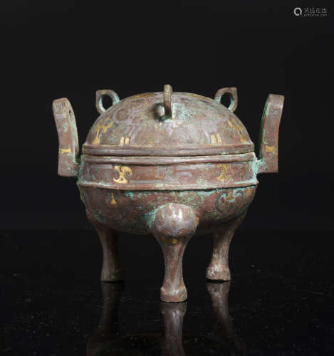 Bronze Gold and Silver Inlaid Tripod Censer