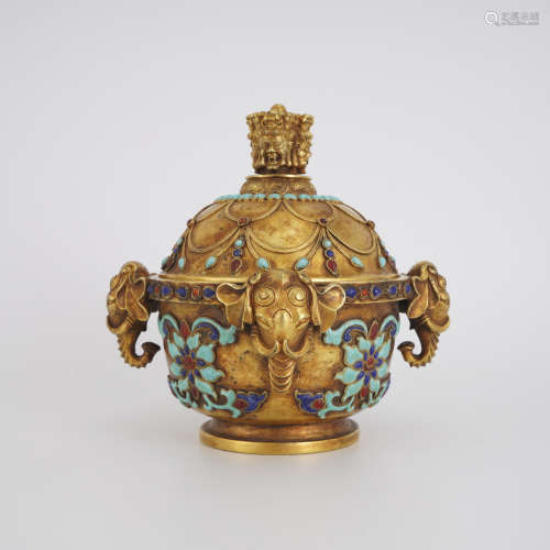 Gilt Bronze Hardstone Inlaid Elephant Jar