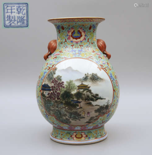Qianlong Enamel Landscape Zun Vase with Elephant Handles