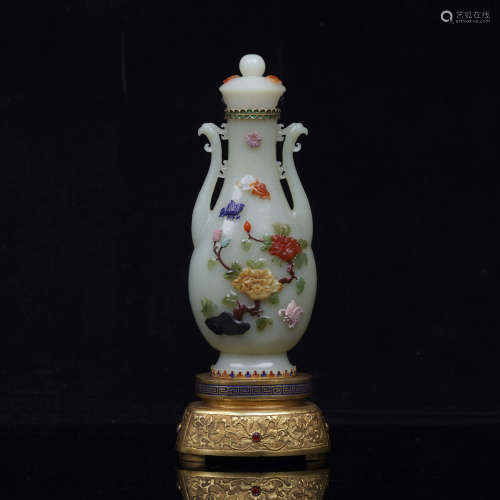 Nephrite Hardstone Inlaid Phoenix Handles Vase