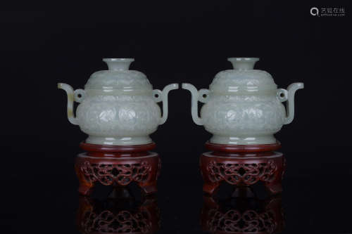 A Pair of Nephrite Scrolling Lotus Censer