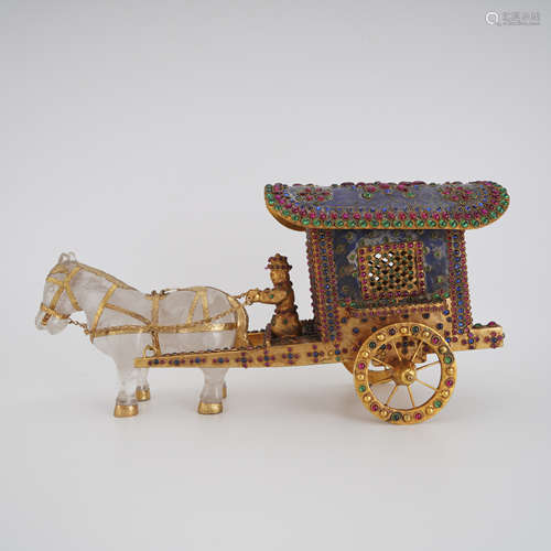 Gilt Hardstone Inlaid Carriage with Crystal Horse