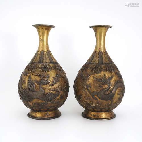 A Pair of Gilt Bronze Dragon Pear Vases