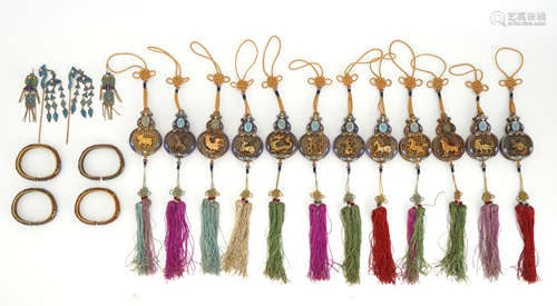 A Set of Gilt Chinese Zodiac Sachets