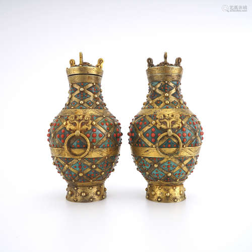 A Pair of Gilt Bronze Hardstone Inlaid Vase