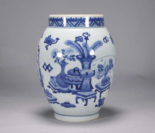 Lotus seed jar with blue and white Bogu pattern in Kangxi of...