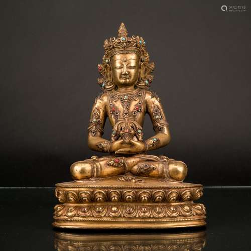 18TH C QING GILT BRONZE INLAID AMITAYUS BUDDHA