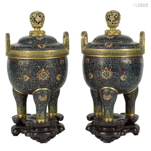 PAIR OF GILT BRONZE CLOISONNE TRIPOD CENSERS ON S…