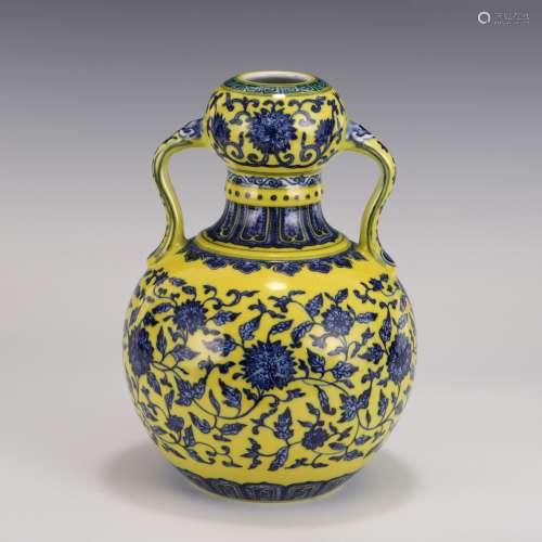 BLUE WRAPPED FLORAL ON YELLOW AMPHORA GARLIC VASE