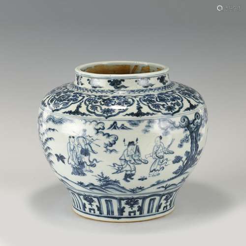 MING BLUE AND WHITE FIGURINE & LANDSCAPE JAR