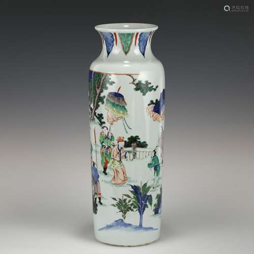 QING WUCAI LANDSCAPE ELEPHANT LEG VASE