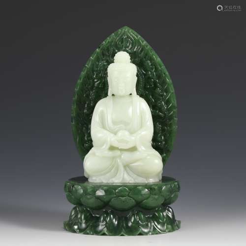 SET OF WHITE JADE BUDDHA & GREEN JADE BASE