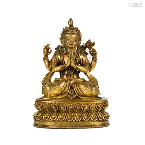 MING GILT BRONZE BUDDHA AVALOKITHESVARA CHATURBHUDJA