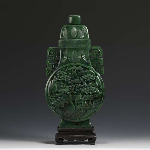 GREEN JADE BOTTLE VASE ON STAND